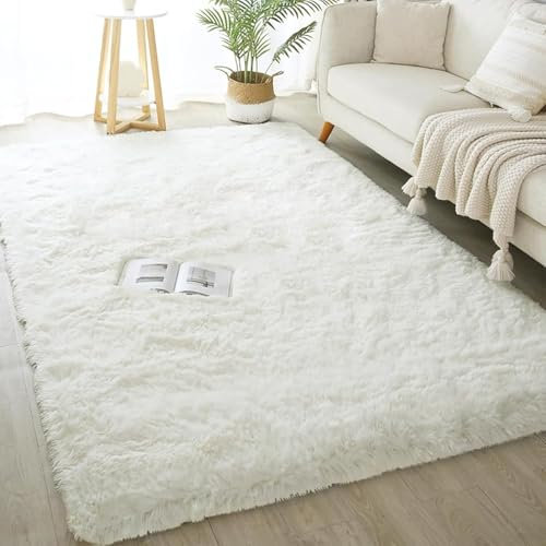 AIMECO Hochflor Teppich Wohnzimmer Carpet Weiß (Beige) 90X160cm Anti-Rutsch Extra Große Teppiche Schlafzimmer flauschig Teppiche Matte Teppichen Mädchen Schlafzimmer und Kinderzimmer