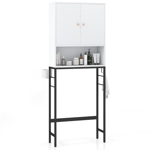 Multigot Over The Toilet Storage Cabinet, Freestanding Washing Machine Rack with 2 Doors, Adjustable Shelf, Bottom Bar and 2 Side Hooks, Metal Frame Bathroom Space Saver Laundry Storage Shelf