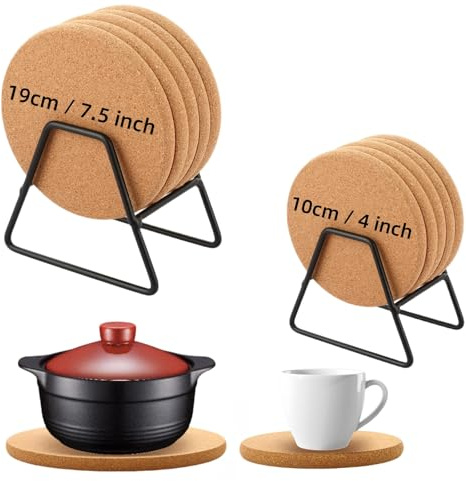 LDXDRU 10 Pack 4 & 7.5 Inch Cork Coasters with 2pcs Metal Holders, 10mm Thick Round Non Slip Placemats, Cork Trivet Table Mats Kitchen Hot Pads for Coffee Tea Kettles Pots Pans Plants