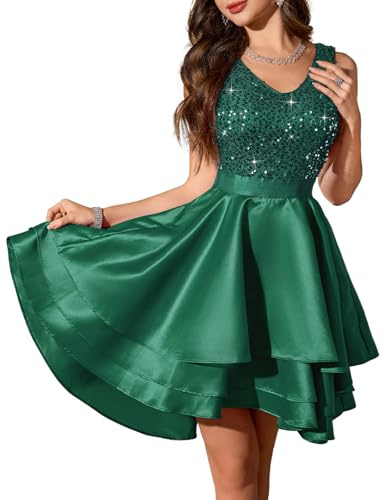 Meetjen Vestidos cortos de graduación para adolescentes, vestidos formales de lentejuelas, de largo asimétrico, de raso, para damas de honor, de cóctel, de fiesta, de reunión de exalumnos, Verdeoscuro