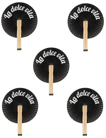 Fisura – Abanico plegable negro “dolce vita”. Abanico plegable original de papel. Pai pai negro y blanco. Detalle de boda para invitados. Regalo fiesta o ceremonias. 5 unidades