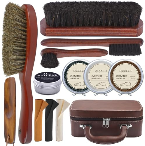 Shoe Cleaning Kit,13 Pcs Leather Boot Care Kit, Shoe Polish, Mink Oil, Shine Cloths, Shoe Brushes, Shoe Horn, and More for Leather Boot Care and Cleaning, Leather Polish Kit Gift for Men Women