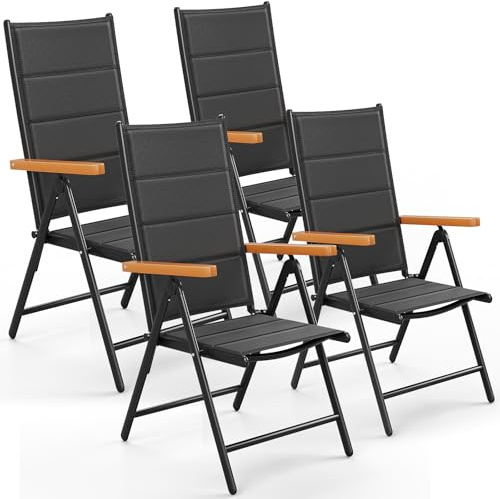 LIFERUN Gartenstühl Hochlehner Klappbar, 4er Set Aluminium Balkonstuhl, WPC Armlehnen, mit Gesteppte Rückenlehne & Sitzfläche,7-Fach Verstellbar,Bis 120 kg, Outdoor Esszimmerstuhl, Schwarz, 4 PCS