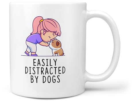 TeHeGifts Easily Distracted By Dogs Mug – 11oz Ceramic Coffee Cup for Dog Lovers – Funny Gift for Pet Owners & Dog Enthusiasts – Dog Present for Him or Her – UK