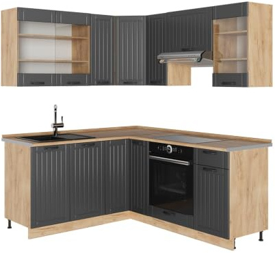 Vicco Eckküche Fame-Line, Dunkelgrau/Goldkraft Eiche, 190 x 160 cm | 10 Module · Höhenverstellbare Füße · AP Eiche inkl. · MDF-Fronten · Softclose · Metallgriffe