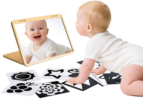 Biticolor Baby Spiegel Spielzeug Montessori Holz – Klarer Tummy Time Spiegel mit 20 Schwarz-Weiß Karten & Ständer – Frühförderung & Selbstwahrnehmung für Neugeborene 0-6 Monate