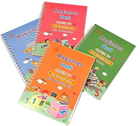 Magisches Vorschul Übungsheft Set 4-in-1 für Kinder ab 3 Jahren. Wiederverwendbare Übungshefte für Vorschule & Grundschule. Alphabet, Zahlen, Mathematik & Zeichnen inkl. Zauberstift und Nachfüllminen.
