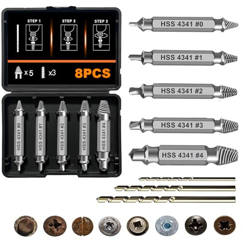 Extractor Tornillos HSS 4341, Juego Brocas Profesional, Extractor Tornillos Rotos con 3 Brocas Espirales, para Perno Diversos Tipos Daños