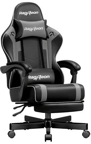 Riftracer Gaming Stuhl Chair Gamer Sessel - Ergonomischer Gamer Stuhl mit Fußstütze Kopfstütze und Lordosenstütz Höhenverstellbar Gepolstert Gamingstuhl 200 Kg Tragkraft Schwarz und Grau