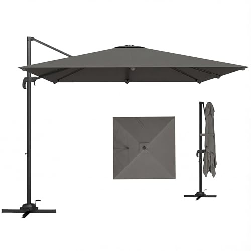 Outsunny Ombrellone da Giardino Decentrato a Manovella 3x3m Inclinabile, Girevole a 360°, Ombrellone da Esterno Quadrato con Base a Croce, in Alluminio, per Terrazzo Piscina, UV30+, Grigio Scuro