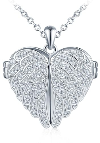 feilok Collier pour femme en argent 925 avec pendentif en forme de cœur, ailes d'ange, zircones, médaillon photo à ouvrir