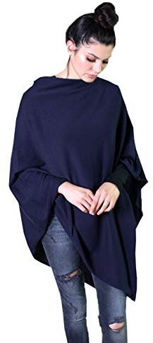Viverano Womens Fine Knitted Poncho Sweater Soft Pullover Cape Wrap Organic Cotton - Loving Thread (Dark Navy Blue)