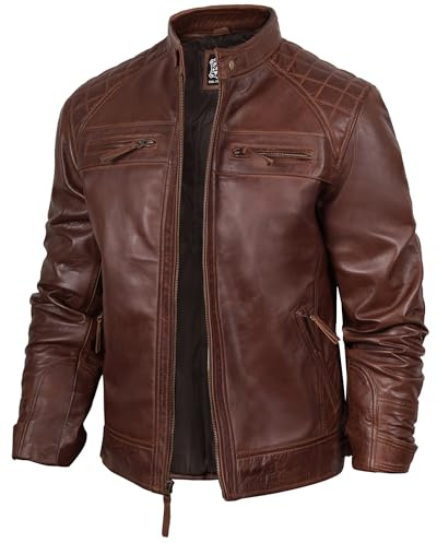 fjackets Mens Leather Jacket Moto Style Real Lambskin Leather Jacket, Quilted Cafe Racer Classic Zip Up Biker Jacket for Men