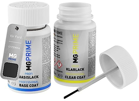 MG PRIME Lackstift für Ford G9ZEWHA / PNZAT0 / M Absolute Black Pearl +1K | Iridium Schwarz Metallic, Autolack, Set aus Basislack + Klarlack, Lackfläschchen mit Pinsel, je 50ml