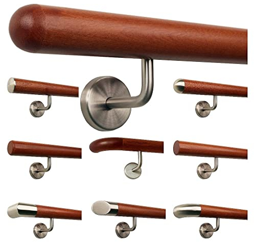 TIBU - Scorrimmano in legno di mogano, corrimano per scale, maniglia per scale con supporti angolari in acciaio inox, lunghezza 30-500 cm in un unico pezzo, lunghezza 200 cm con 3 supporti - estremità