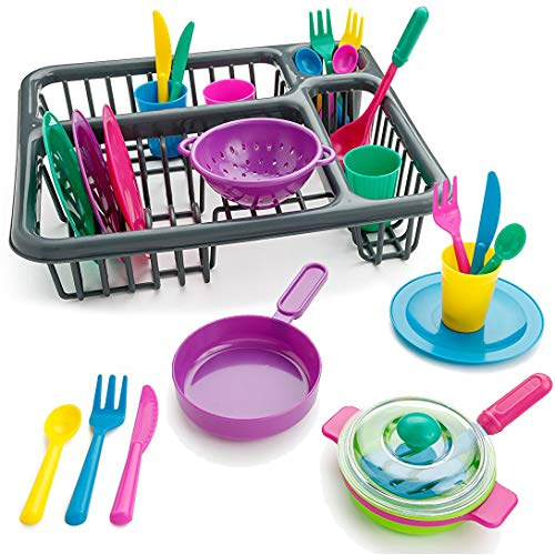 28 PCS Kids Pretend Play Dishes Kitchen Playset - Wash and Dry Dish Rack Toy with Drainer, Kitchen Tableware Sets for Toddlers