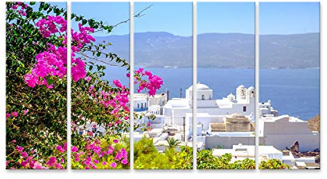 Bild Bilder auf Leinwand Landschaftsansicht des traditionellen griechischen kykladischen Dorfes mit Blumen im Vordergrund und selektivem Fokus, Plaka, Griechenland Wandbild, Poster, Leinwand