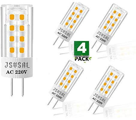 JSVSAL Paquete de 4 bombillas LED JCD GY6.35 no regulables, CA 220 V 4 W, blanco suave 3000 K, 420 lúmenes, ángulo de haz de 360°, equivalente a 35 W, bombilla de repuesto halógena/xenón/incandescente
