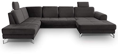 CAVADORE Wohnlandschaft Benda / Große Sofagarnitur mit XL-Longchair rechts & Federkern / Inkl. Sitztiefenverstellung & Kopfstützen / 332 x 87 x 226 / Samt: Grau