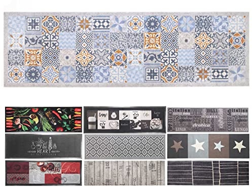 Primaflor Küchenläufer Moroccan Tiles | Blau-Grau | 50 x 150 cm | 100 % Polyamid, rutschhemmender Vinylrücken, CFL-s1, 6,5 mm Höhe und für Fußbodenheizung geeignet