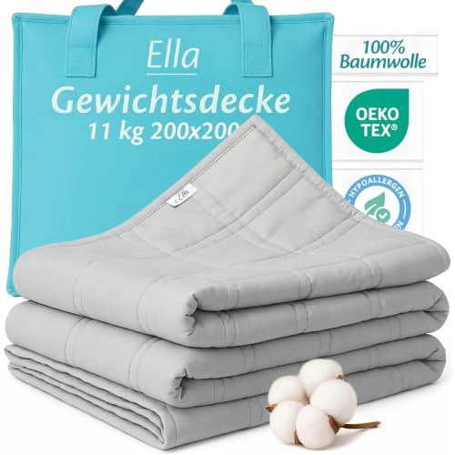 Ella Gewichtsdecke 200x200 11kg Schwere Decke, Therapiedecke Erwachsene | Bettdecke aus 100% Baumwolle für erholsamen Schlaf - ideal für Männer, Frauen mit Stress, Unruhe oder Schlafproblemen, Grau