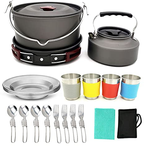 GAOHONGMEI Camping-Kochgeschirr-Set für 3–4 Personen, tragbar, Edelstahl, Kochutensilien, Kombi-Set, Ausrüstung für Outdoor, Wandern, Picknick, Trekking, 01-Einheitsgröße