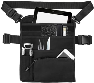 HGNUTAY Server Apron for Waitress & Waiter with 6 Pockets - Adjustable Waist Belt & Shoulder Strap, Waterproof Half Work Apron for Order Pad, Change, iPad (Black, Restaurant, Bar, Cafe)