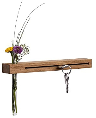 WOODS Schlüsselbrett mit Blumenvase I handgefertigt in Bayern I Nut - Schlüsselhalter I Wanddekoration aus Holz I Schlüssellablage Eichenholz I Schlüsselkasten Holz mit Reagenzglas (Eiche, 40 cm)