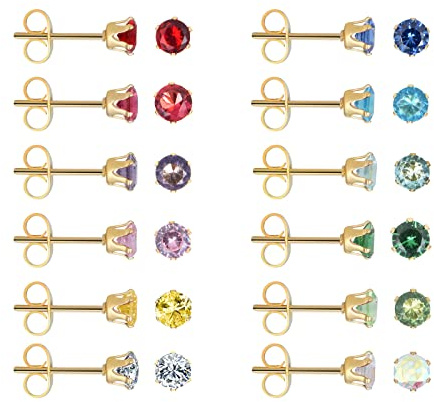 Lot de 12 paires de boucles d'oreilles à tige en acier inoxydable chirurgical plaqué or jaune 18 carats avec oxyde de zirconium 3 mm, 4 mm, 5 mm, 6 mm