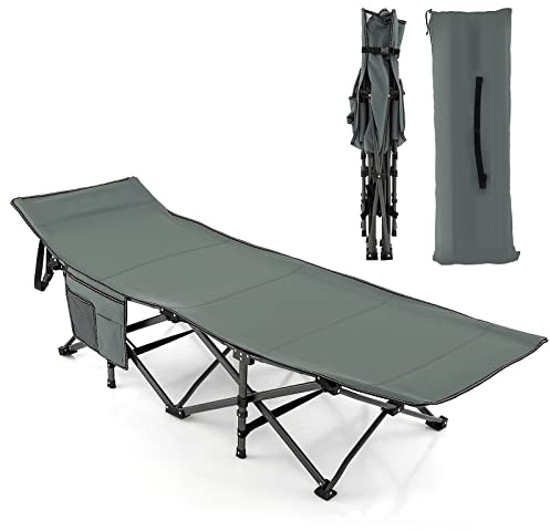 COSTWAY Fältsäng med sidoficka, kan belastas upp till 272 kg, vikbar campingsäng, campingsäng, hopfällbar säng, resestol, vikbar säng för resor, inomhus, utomhus (grå)