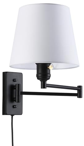B·LED BARCELONA LED - Lámpara de pared con brazo articulado negro y pantalla de tela blanca, con cable e interruptor, ideal para lectura en dormitorio, salón u oficina