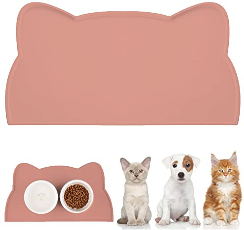 WOMLEX Napfunterlage Hund Katzen, Hundenapf Unterlage Katzennapf Unterlage aus Silikon, Hunde Katzen Futtermatte wasserdichte und rutschfeste Katzenkopfform (Rosa, 44x25cm)