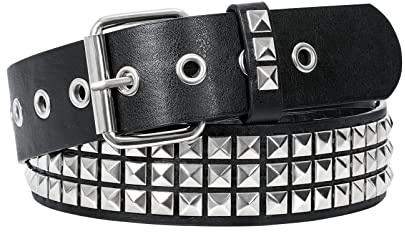 JASGOOD Punk Rivet Studded Belt Goth Row Pyramid Square Bead PU Leather Vintage Punk Rock Grommet Belt for Jeans Pants, Black, Fit Waist 27-32 Inches