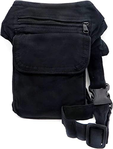 Riñonera Negra Grande con 3 Bolsillos. Bolso de Cadera Colgante Estilo Hippie Hippy Rasta Etnico Tribal Urbano Casual (Negro)