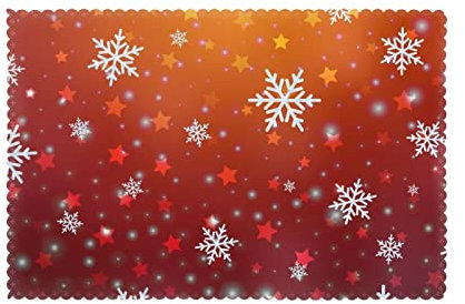 Tischsets, Weihnachtsschneeflocken, Sterne, roter Hintergrund, 6er-Set, hitzebeständige Tischsets für den Esstisch in der Küche, abwischbare und waschbare Tischsets