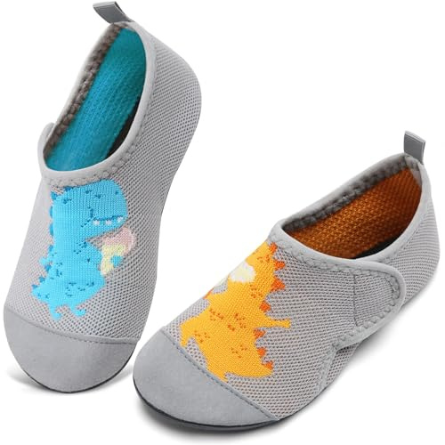 WateLves Hausschuhe Kinder Mädchen Slipper rutschfeste Leichte Turnschläppchen Flexibe Atmungsaktive Barfuss Pantoffeln Kindergarten Unisex(Grau Kleiner Dinosaurier,24 25 EU)