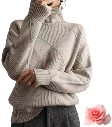 Lockerer Kaschmir-Rollkragenpullover, Strickjacke, Kaschmir-Zopfstrick, Rollkragenpullover für Damen, Argyle-Pullover, camel, M