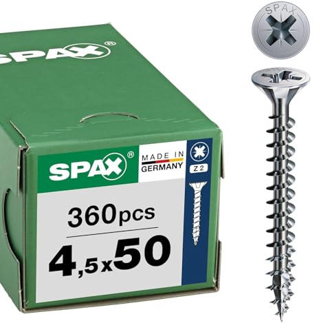 SPAX Tornillo Universal 4,5 x 50 mm, 360 pzas., Cabeza Avellanada Z2, WIROX | Tornillos para madera con rosca completa, punta 4CUT y recubrimiento anticorrosivo para interiores y exterior protegido