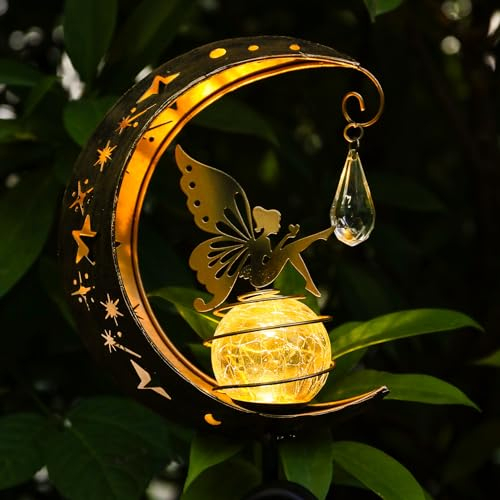LOVERUIS Solar Garden Lights Outdoor Fairy Moon Lamp Waterproof Moon Garden Solar Light with Crackle Glass Ball LED Stake Lights Angel Decorative for Grave Balcony Lawn Patio Pathway (Fairy)