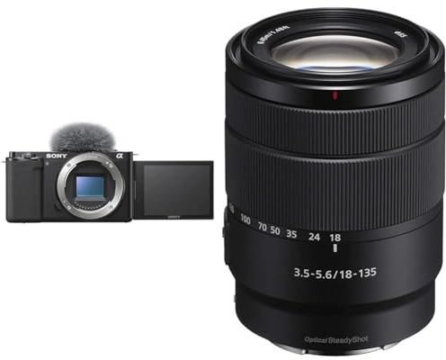 Sony Alpha ZV-E10 APS-C Mirrorless Interchangeable Lens Vlog Camera (Pivoting Screen for Vlogging, 4K Video, Real-Time Eye Auto Focus) Black & SEL18135, E 18-135mm F3.5-5.6 OSS E-Mount Lens