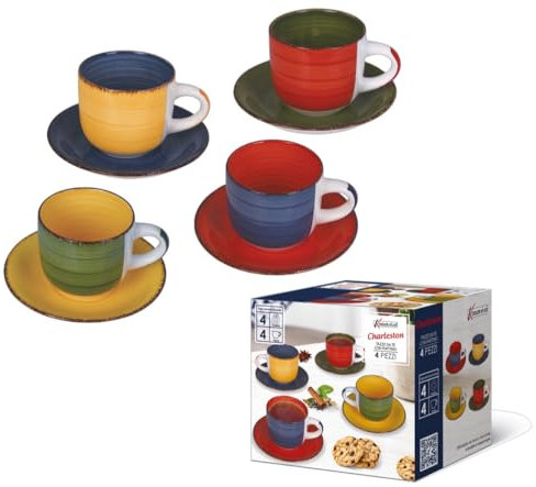 MAURY'S CHARLESTONE SET DI 4 TAZZE DA TE' CON PIATTINO E DESIGN COLORATO 250 CC