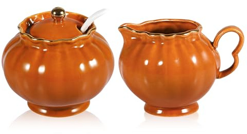Ursword Lot de 3 sucriers en céramique avec couvercle, pot à lait et cuillère, service à café, ensemble de céréales et sucre, passe au lave-vaisselle et au micro-ondes, cadeau, orange