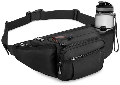 Wiserset Bauchtasche für Herren und Damen, Gürteltasche mit Flaschenhalter Gurt Verstellt Hüfttasche mit 6 Reißverschlusstaschen für Wandern Hundespaziergänge Joggen Radfahren Reisen Laufen, Schwarz