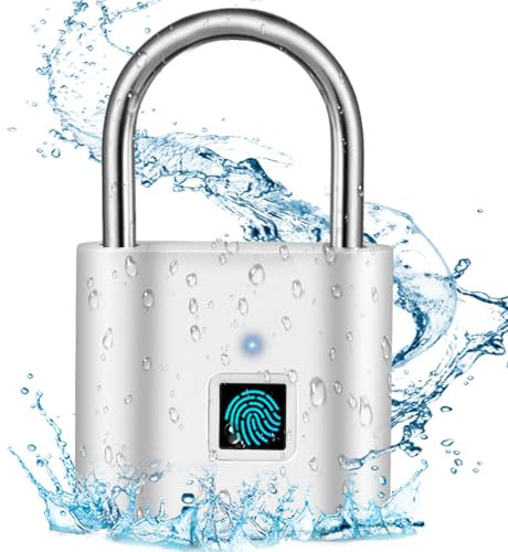 SPORWAY Fingerabdruck Schloss, USB-Aufladung Vorhängeschloss Schlüsselloses Schloss IP55 Wasserdicht Vorhängeschlöss, Klein Schloss mit Fingerabdruck für Gym, Büro, Haus, Garten, Schrank (Silber)