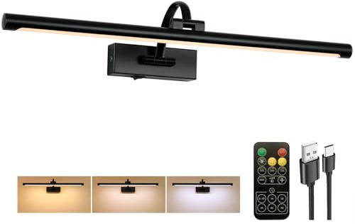 Tassuowell Bilderleuchte, batteriebetrieben mit Fernbedienung, 3 CCT dimmbare Bilderleuchte für Gemälde, schwarz, wiederaufladbar, 61 cm, batteriebetriebene Wandleuchte für Kunstbeleuchtung, Galerie,