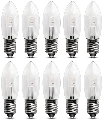 Akynite E10 0.2W LED Ersatzlampen für Schwibbogen, AC 8-55V Glühbirnen Topkerze Riffelkerze Warmweiß 2200K Dimmbar für Lichterkette, E10 LED Kerzen Klar für Lichterbogen Pyramide, 10er-Pack