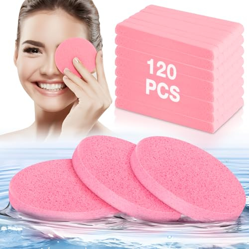 120PCS Facial Sponge Esthetician Supplies, HOFASON Facial Sponges Compressed for Esthetician Women, Makeup Remover Pads Round Face Wash Sponge for Cleansing, Exfoliating Disposable Face Sponges (Pink)