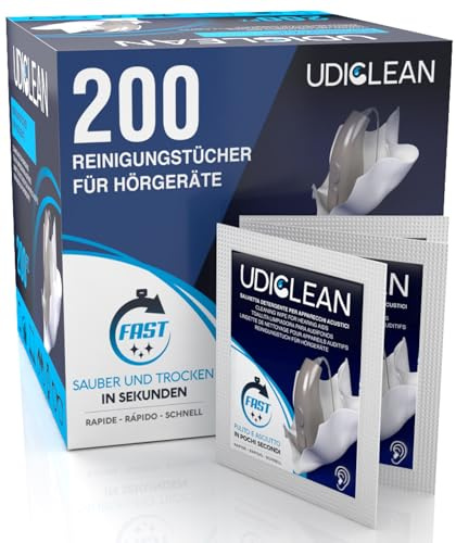 200 Udiclean fuktade engångsdukar för daglig rengöring av hörapparater och cochleära enheter. Den mjuka formeln tar bort fett och svett