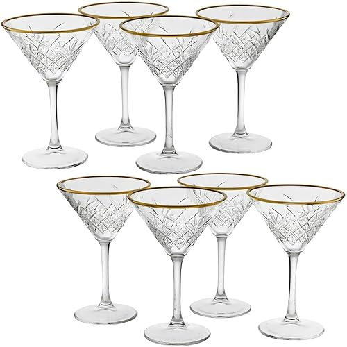 Queensway Home & Dining Martini Glass Set with Gold Rim - Tall Elegant Drinkware for Cocktails, Martinis, Cosmopolitans - Premium Clear Glass - Fancy Barware for Special Occasions, 230ml 8 Pc Sets