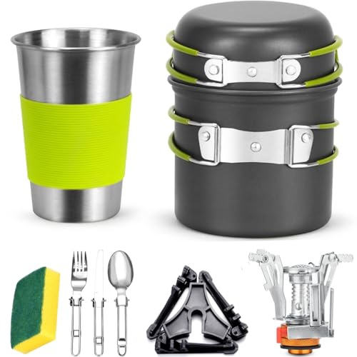 15pcs Camping Cookware Mess Kit,Non-Stick Pot and Pan Set with Kettle Stainless Steel Cups Plates Forks Knives Spoons Lightweight, Fork Spoon Kits for Backpacking, Outdoor Camping Hiking and Picnic